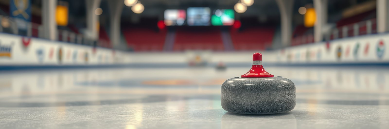 Curling stone positioned on ice at a sports arena during a curling match